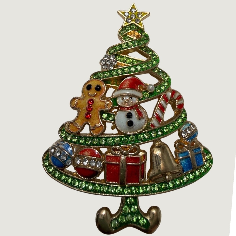 Christmas Tree Brooch Gold Tone Rhinestone Snowman Gingerbread Star Holiday Pin